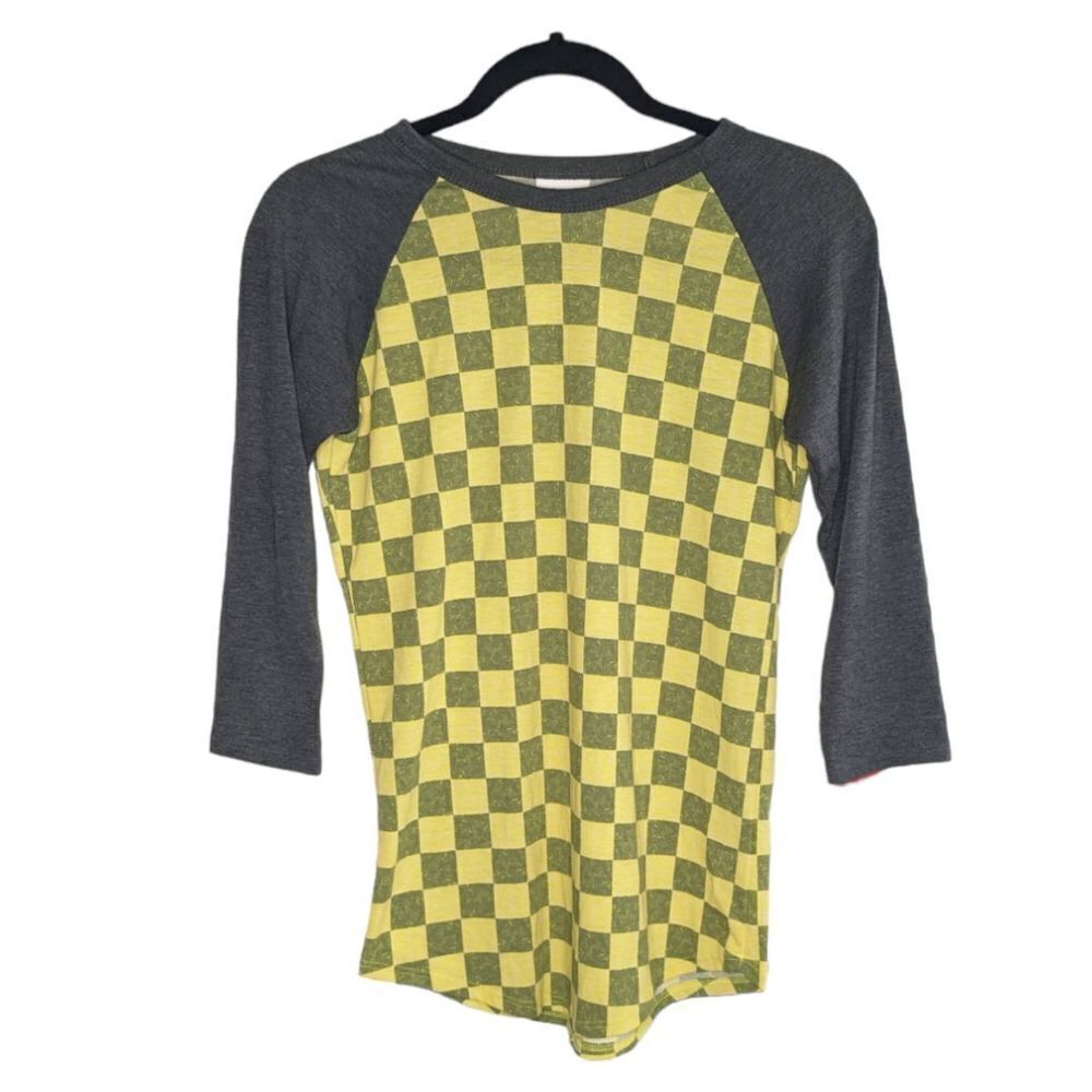LuLaRoe Tee Randy Raglan tee 3/4 sleeve checkerboard pattern XXS Yellow Dark Gra